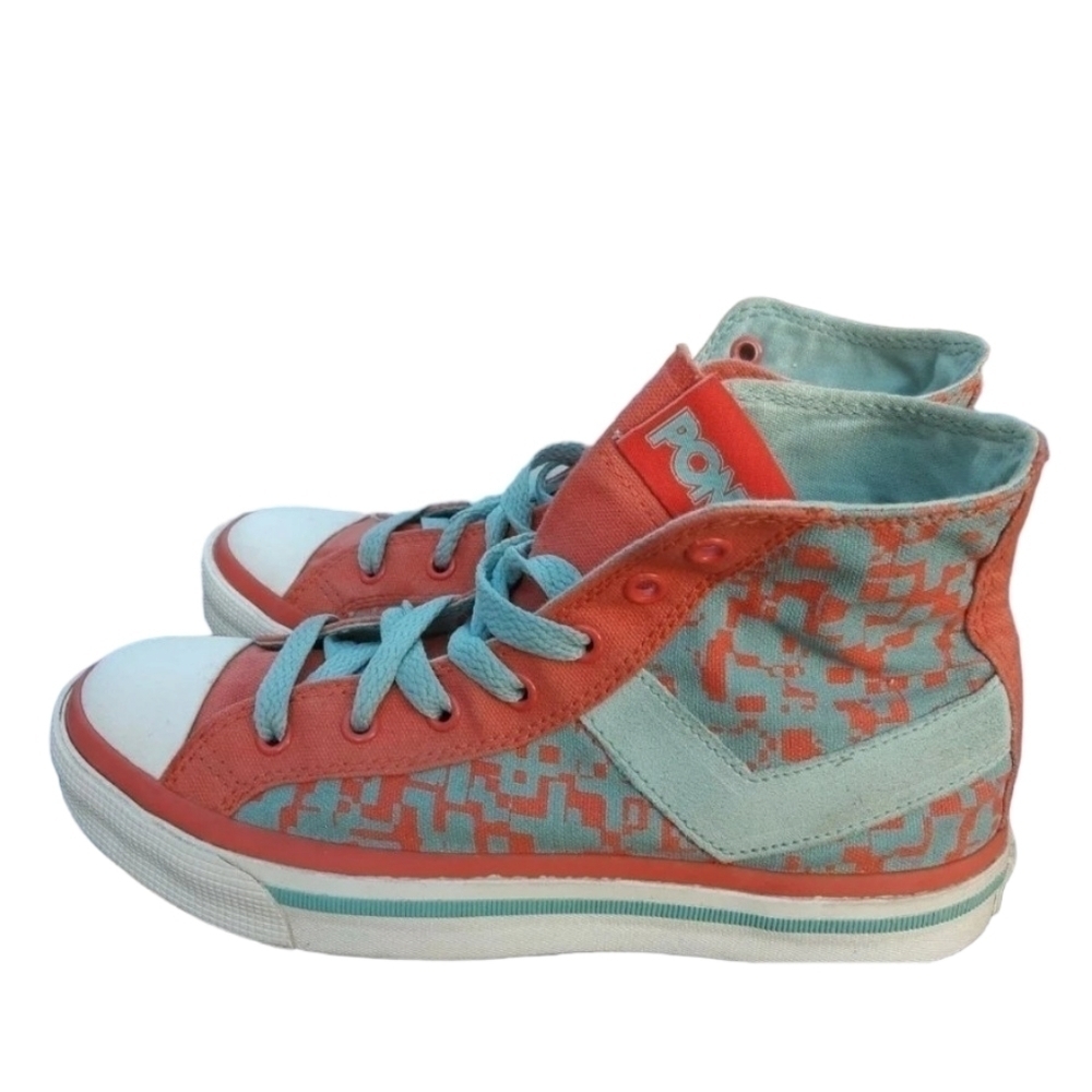 VTG PONY hi top sneakers canvas suede chevron Tetris green orange ladies 7.5